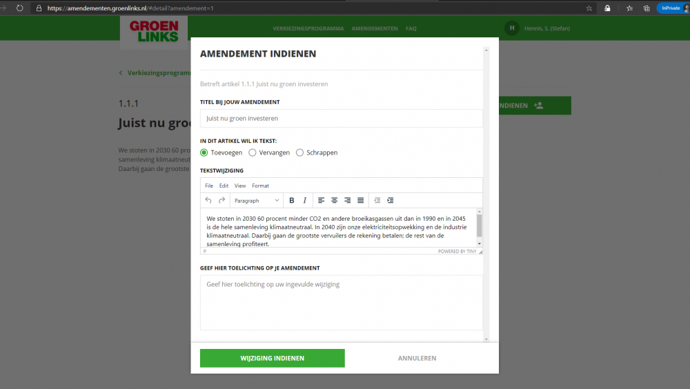 Screenshot van het indienscherm in de amendemententool