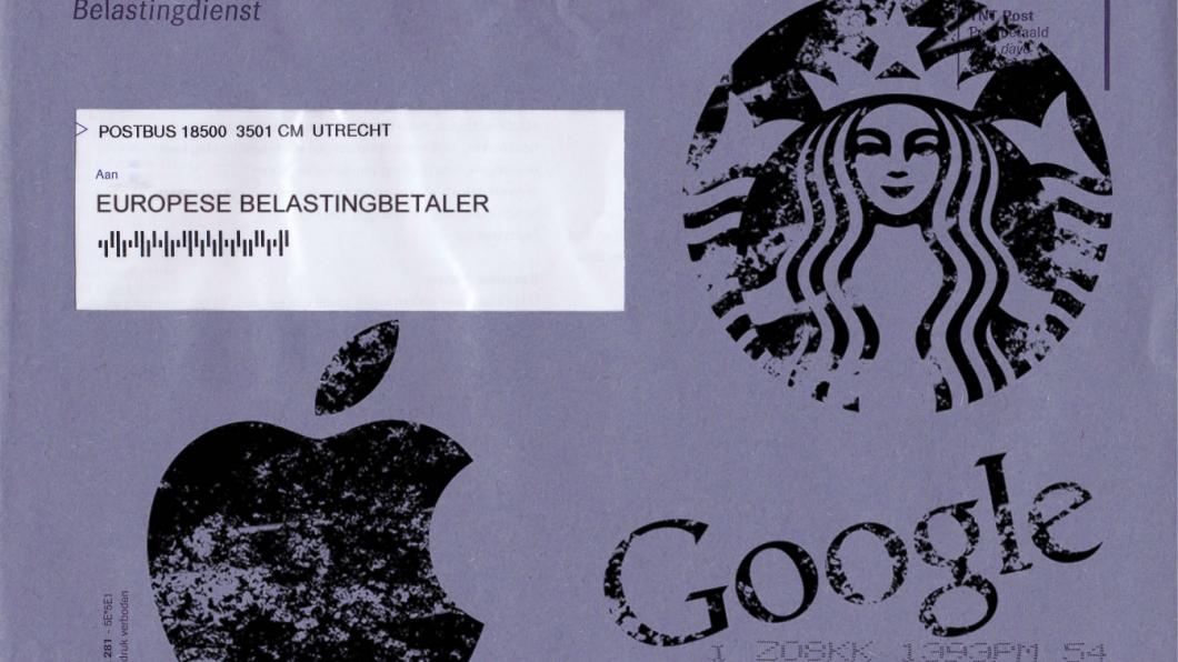Een belastingbrief aan de Europese belastingbetaler met stempels van Apple, Google en Starbucks erop.