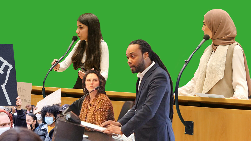 Een collage van raadsleden op protesten, achter het spreekgestoelte of aanwezig in de raad