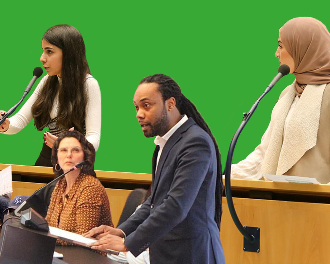 Een collage van raadsleden op protesten, achter het spreekgestoelte of aanwezig in de raad