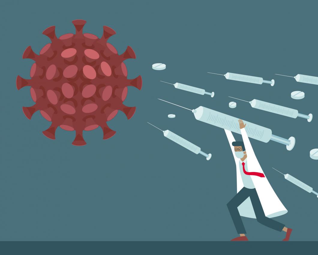 Afbeelding van dokter die met vaccin virus aanvalt