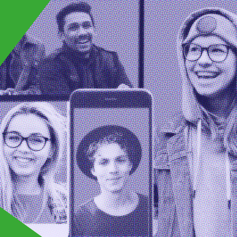 Vrouw met telefoon in de hand en telefoons met allerlei mensen op de achtergrond.